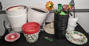 lot 86 image: Collection of Ceramic & Plastic Plant Pots, Dr. Earth Fertilizer, Yard Decor, ScrewNail Holder, and More