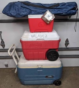lot 89 image: Parini Outdoor 72-Can Insulated Cooler Bag with Stand, (2) Igloo Coolers, and (1) Coleman Cooler