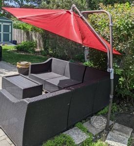 lot 78 image: Red Patio Offset Hanging Outdoor Umbrella