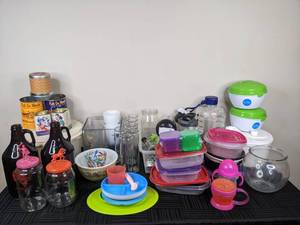 lot 130 image: An Assortment of Kitchen Items Including Childrens Dishes, Bowls, Cannisters and More