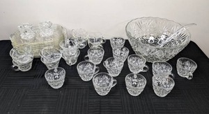lot 113 image: Vintage Arlington 26 Crystal Punch Bowl Set, Candle Holder Pair and Glass Serving Trays