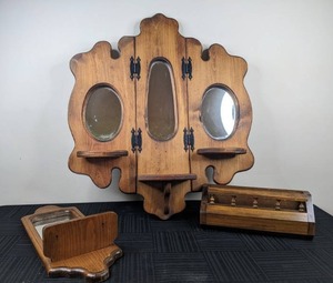 lot 118 image: Vintage Wooden Tri-Fold Mirror with Shelves and More