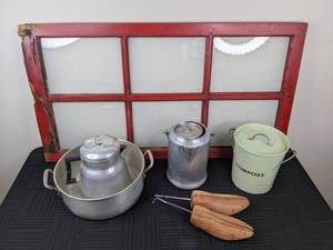 lot 106 image: Rustic Decor, Window Picture Frame, Kettle, Compost Bin, & More