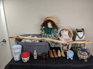 lot 150 image: Assorted Home Decorations, Dolls, Lanterns, Antique Baby Shoes and More