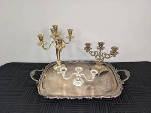lot 134 image: Vintage Ornate Handled Tray with 3 Beautiful Candelabras