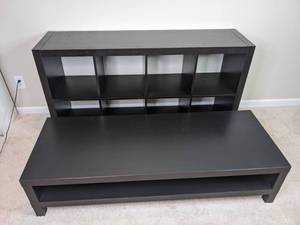 lot 133 image: 8-Cube Black Bookshelf and Long Black TV Stand