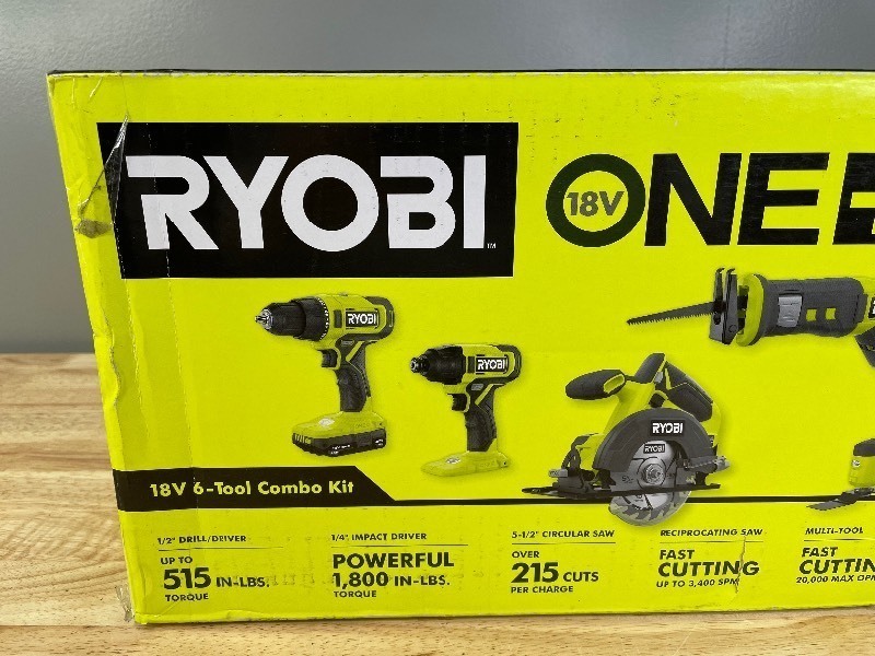 lot 11 image: Brand New Ryobi ONE 18V Cordless 6-Tool Combo Kit with 1.5 Ah Battery, 4.0 Ah Battery, and Charger Y