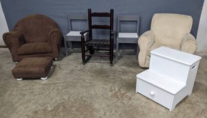 lot 91 image: Kids Furniture Chairs, Rocking Chair, Couches, & Step Stool E