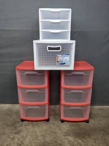 lot 85 image: Pair of Red 3-Drawer Plastic Storage Carts and More Storage Systems E