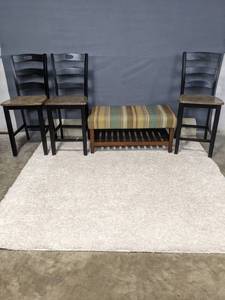 lot 90 image: Set of (3) Wood Barstool Chairs, Colorful Ottoman, Rug E