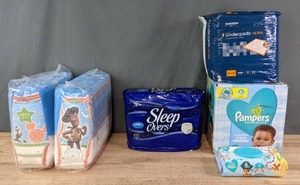 lot 99A image: NEW Pampers Wipes, PullUps, Sleep Overs Cuties, McKesson Underpads Ultra E