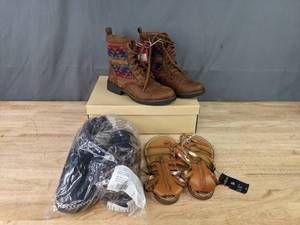 lot 134 image: New Size 9 Mossimo Boots, Size 9.5 Sam and Libby Sandals and Size 9-10 Clog Slippers   K