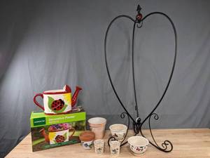 lot 137 image: Planting Items Including a Decorative Ladybug Planter, Plant Stand and Other Beautiful Planters  K