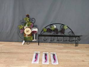 lot 144 image: Decorative Grape Wall Shelf, Decorative Wall Clock, and Set of Three Waiters Corkscrews   K