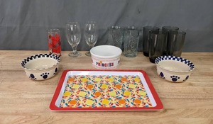 lot 123 image: Lot of 13 Drinking Glasses, Dog Bowls and Platter K