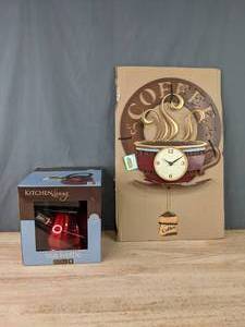 lot 146 image: Coffee Novelty Pendulum Clock and Kitchen Living Red Tea Kettle R