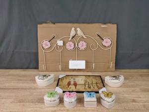 lot 148 image: Over the Door Decorative Hooks, Bird Love Framed Artwork, (2) Bird-Shaped Trinket Boxes, and (4) Butterfly Hinged Trinket Boxes K