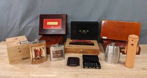 lot 173 image: Collection of Vintage Cigar Boxes, Flasks and More C