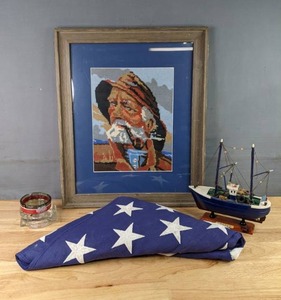 lot 192 image: Vintage Old Man and the Sea Needlepoint, Fishing Boat Model, American Flag and Ashtray Collection B