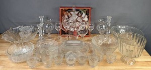 lot 184 image: Collection of Vintage Crystal and Glass Serving Platters, Glasses, Bowls, Candlesticks and More B