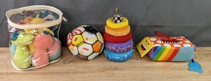 lot 153A image: Pile of Kids Toys Lamaze Rainbow Rings, Learn Singin Soccer Ball, Plush Bowling, Etc. M