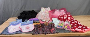 lot 155A image: Assorted Toddler Girls Clothes, Bibs, and Hair Accessories and Hanes Underwear K