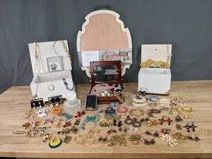 lot 61B image: Large Variety of Earrings, Pins, Bracelets, (3) Jewelry Boxes, and Jewelry Board K