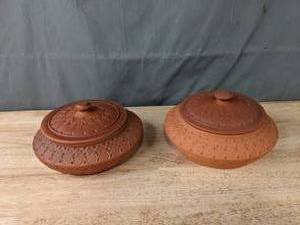 lot 124A image: (2) Beautiful NEW Clay Serving Pots with Lids K
