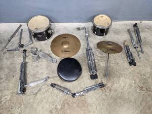 lot 40B image: Assorted Drum Set Items - Zildjian Cymbals, PDP Toms, Dixon Throne Seat, and Hardware A