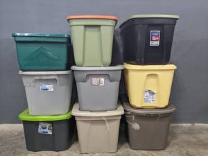 lot 210 image: Assortment of (9) Plastic Totes w Lids Incredible Solutions, Sterlite, & More W