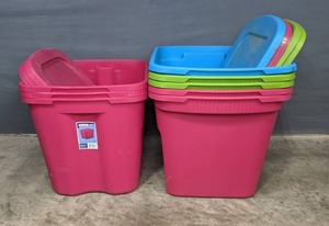 lot 180A image: 18 Gallon Colorful Plastic Storage Totes with Lids (8) W