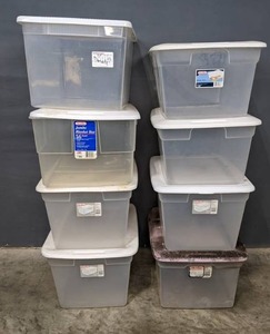 lot 225 image: Assortment of (8) Clear Plastic Totes w White Lids Sterlite W