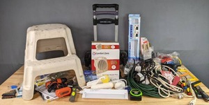 lot 202 image: Assortment of Tools & More Comfort Zone Compact Heater & Fan, Black & Decker Cordless Drill, Light, Black Ikea Screw Gun, Extension Cords, Magna Cart, Step Stool, & Much More B