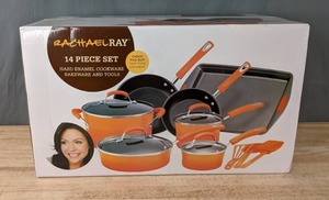 lot 19 image: NEW Rachael Ray Hard Enamel Cookware Bakeware and Tools 14 Piece Set K