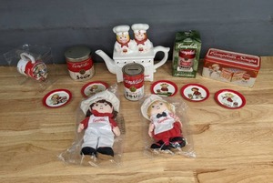 lot 181C image: Lot of 13 Vintage Campbells Soup Collectibles Dolls, Plates, Tea Pot, Bank, Ornament, Tins and More D