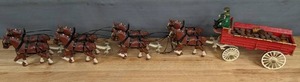 lot 52B image: Vintage Toy Cast Iron Carriage with Drivers, Beer Barrels and (8) Clydesdale Horses  D
