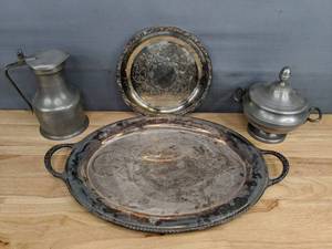 lot 159A image: Antique French Pewter Pitcher, (2) William Rogers Serving Trays, and Soup Tureen with Lid  D