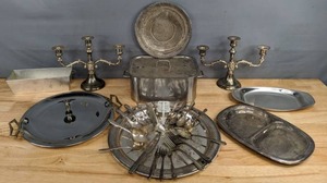 lot 160A image: Vintage Candelabras, Serving Trays, Roaster Pan, Silverware, Loaf Pan and More by Cromargan Stainless, Kromex, Carlton Silver Plate, and Others  D
