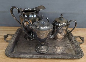 lot 158A image: Two TeaCoffee Pitchers, Water Pitcher and Large Serving Tray (Wilcox Silver, Royal Rochester Sheffield, Derby SP Co)  D