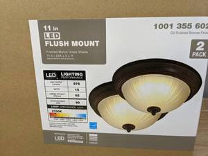 lot 41B image: Brand New Commercial Electric (2-Pack) 11 in. 100-Watt Equivalent Oil-Rubbed Bronze Integrated LED Flush Mount with Frosted Glass Shade V