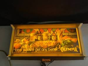 lot 78 image: Olympia Beer fluorescent-lit sign with pizza graphics