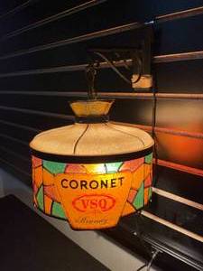 lot 134 image: Coronet VSO Brandy faux stained glass hanging lamp