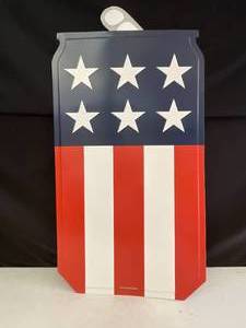 lot 155 image: American Flag contour cut, can-shaped tin tacker, New