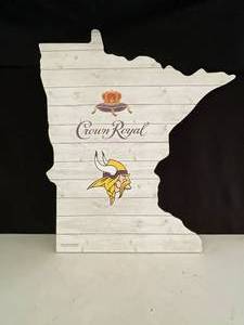 lot 156 image: Crown Royal, MN Vikings football, state of MN, wood MDO sign, NIB