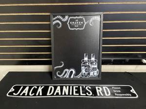 lot 188 image: Lot of 2 Jack Daniels Road sign and The Kracken Black Spiced Rum chalkboard