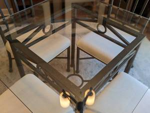 lot 2 image: Unique Metal Base and Glass Topped Dining Table Set by Kessler