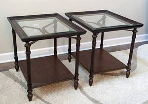 lot 9 image: Pair of Dark Bronze Glass Topped Side Tables