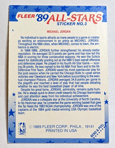 lot 89A image: 1989 Fleer Basketball All Star Sticker Michael Jordan