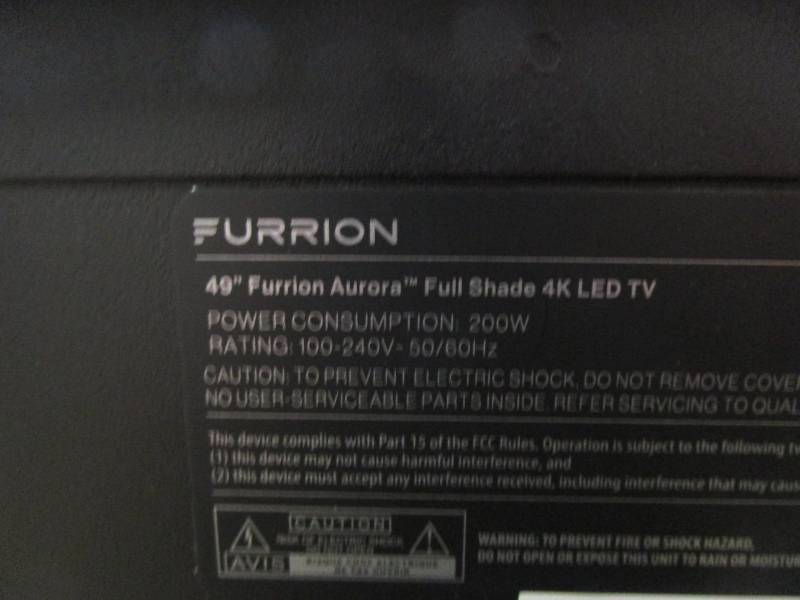 lot 961 image: Furrion - Aurora 49 Full Shade 4K LED Outdoor TV FDUF49CBS RESERVE SET AT $800.00 RETAILS AT $1599.99