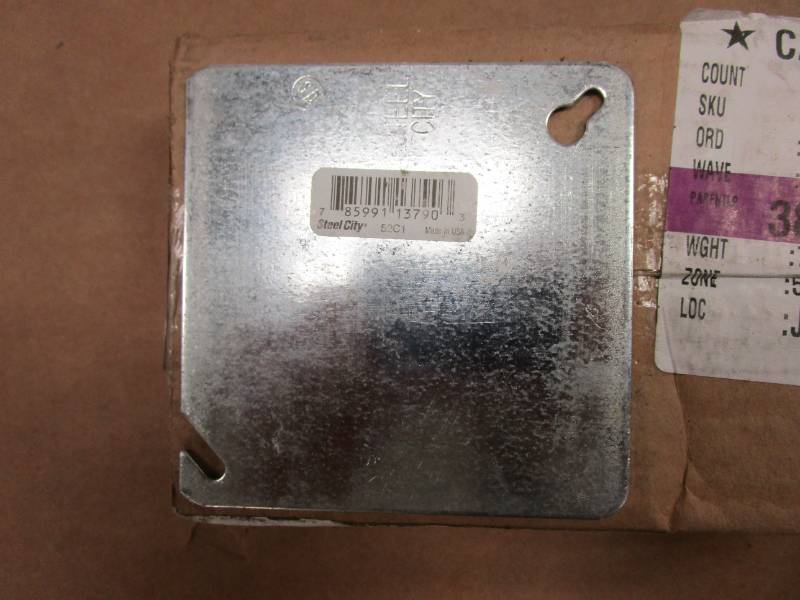 lot 722 image: Pack of 50 - Steel City 4 in. Square Metal Electrical Box Flat Cover